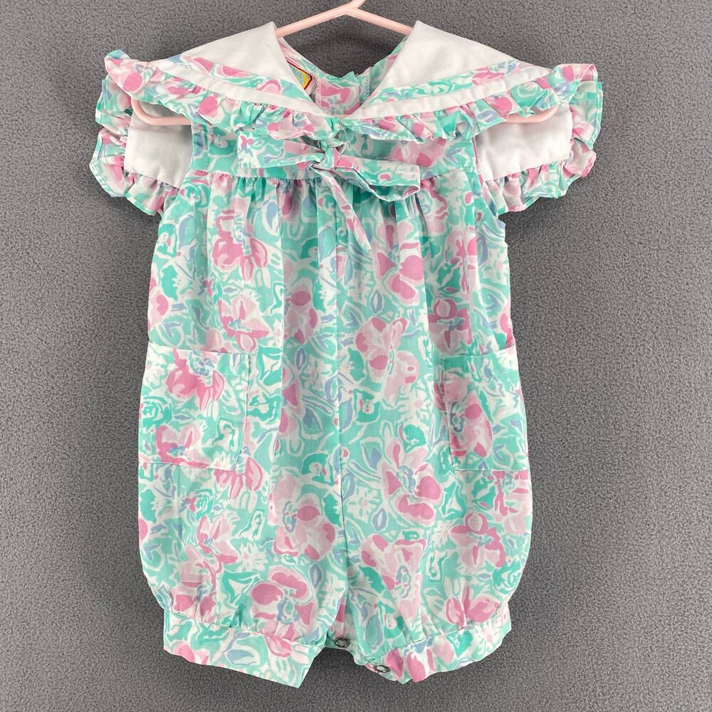 Vintage 80s 90s Lightning Bug Romper Playsuit Kids 2T Floral Ruffle Bow Collar